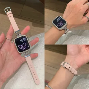 Pink leather metal bow watch strap compatible with Apple Watch case sparkling rhinestone design.