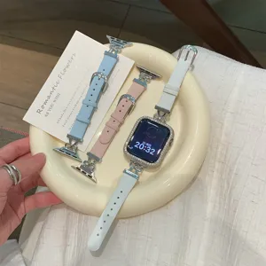 Elegant leather watch bands with bow metal connectors and rhinestone case compatible for apple watch.