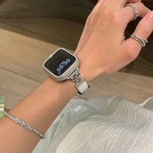 Replacement metal bow leather watch band strap compatible with Apple smart watch detailed view