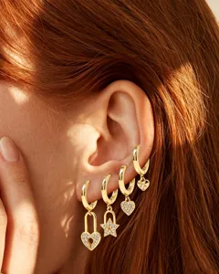 Exquisite Gold Zircon Star Heart Hoop Earrings Set Detail View for Women Fashion