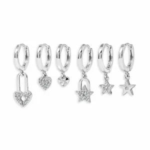 Set of 6 silver hoop earrings featuring heart and star charms with sparkling cubic zirconia details.