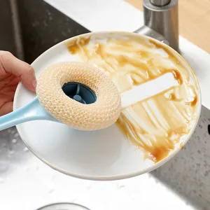 Long handle kitchen cleaning brush with mesh sponge scrubber for washing pots and dishes safely.