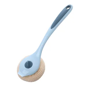 Long handled dish cleaning brush with durable mesh sponge head for kitchen pot and pan washing.