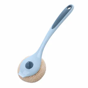 Long handle cleaning brush with mesh sponge head, blue kitchen dish cleaning tool.