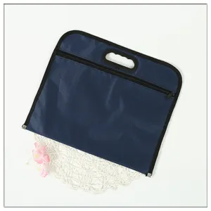 Dark blue Oxford cloth document bag with zipper and handle for office file storage use.