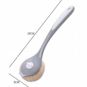 Long handle cleaning brush with grey handle and sponge head for kitchen dish washing and pots.