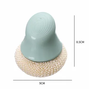 Green handle cleaning brush with mesh sponge scrubber, practical kitchen dishwashing tool.