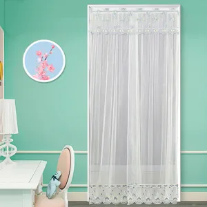 White lace door curtain detail, double layer mesh fabric with floral embroidery for bedroom partition.