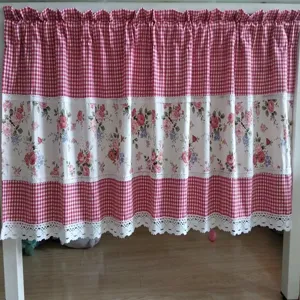 Pastoral half curtain red plaid floral cabinet curtain short curtain for kitchen home decor