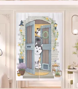 Detailed view of fresh plant door curtain, cute cartoon animals design, ideal for home room partition.