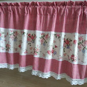 Pastoral style short curtain detail, red and white check with floral lace trim.