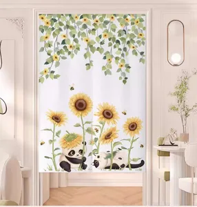Detail view of the fresh plant door curtain featuring cute panda and sunflower art for rooms.