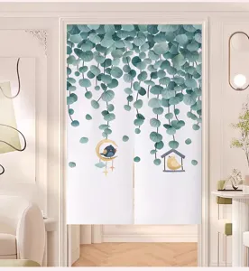 Detailed view of a fresh green eucalyptus leaves doorway curtain hanging in a cozy indoor room.