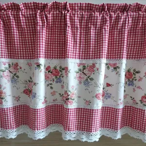 Pastoral Style Plaid Rose Floral Print Short Curtain Door Curtain Cabinet Curtain Lace Trim Home Decor