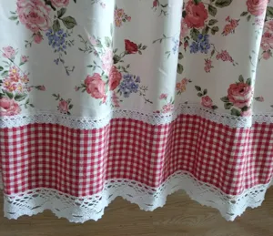 Country style short half curtain with floral print red plaid pattern and white lace trim for home.