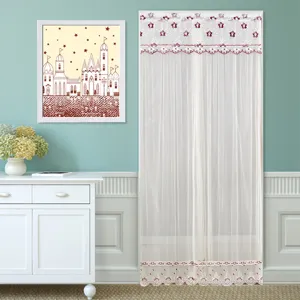 White double layer lace door curtain with floral embroidery, elegant room partition.