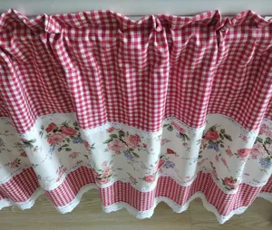 Pastoral style short curtain red white checkered floral lace half curtain for home room