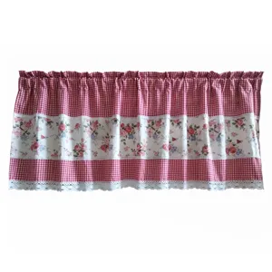 Chic red and white gingham short curtain with floral print and lace trim for home decor.
