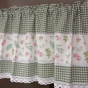 Pastoral green gingham and floral half curtain valance with white lace trim for cabinet door.