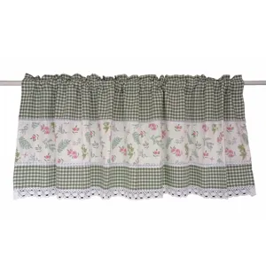 Detailed view of pastoral style short curtain with green gingham and floral patchwork lace trim.