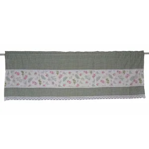 Green gingham and floral short curtain detail, pastoral style cabinet or window half curtain.