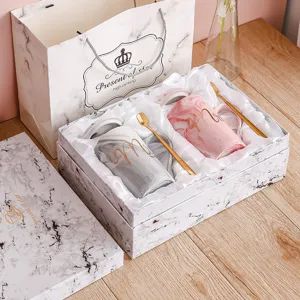 Coffret cadeau tasse en céramique marbre tasses à café couple avec couvercle et cuillère élégant.