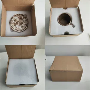 Ensemble tasse et soucoupe à café en céramique rétro avec boîte cadeau, style minimaliste.
