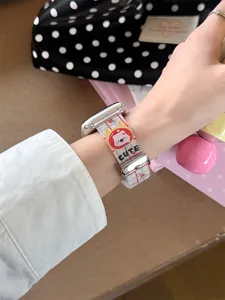 Transparent silicone watch band featuring cute cartoon bear and grid pattern, soft flexible material.