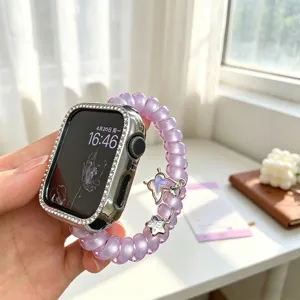 Coque Apple Watch strass brillants avec bracelet fil telephone violet et jolies breloques