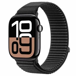 Primo piano dettagliato del cinturino per orologio in nylon tessuto nero con trama fine.
