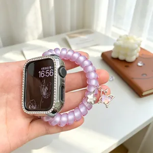 Boîtier de montre strass avec bracelet cordon téléphonique papillon pour Apple Watch.