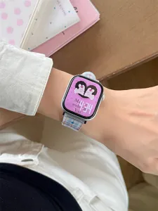 Cute cartoon silicone watch strap compatible with apple watch, stylish pink plaid design.