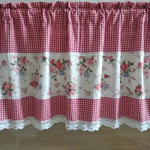 Pastoral style short curtain with red white gingham, floral print and delicate lace trim.