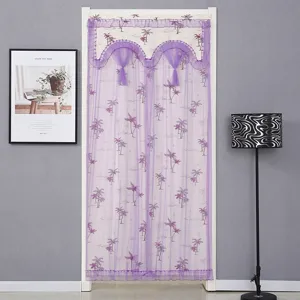 Cortina de puerta de encaje violeta con estampado de palmeras y volante para el hogar.