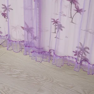 Cortina de puerta de encaje morado visillo transparente con estampado palmeras y volantes