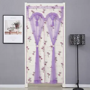 Cortina de puerta doble de encaje morado con estampado de palmeras tropicales para casa.