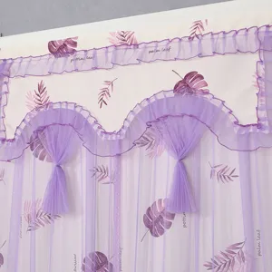 Cortina de puerta de encaje morado con patrón de hojas visillo divisor de ambiente