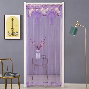 Cortina de puerta de encaje morado de doble apertura mosquitera separador de ambientes hogar