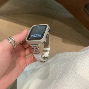 Bow leather metal watch strap with diamond case compatible apple watch fashion accessory