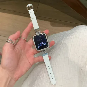White leather metal bow watch strap rhinestone case compatible with smart watch detail view
