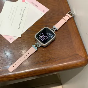 Pink leather metal watch strap with bow rhinestones for Apple watch S11 10 9 8 7 SE accessory