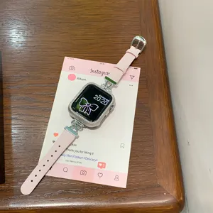 Pink leather and metal smartwatch strap with rhinestone case for smart watch accessories stylish.