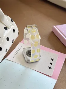 Bracelet de montre en silicone transparent a pois jaunes compatible avec Apple Watch.