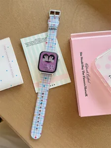 Detailed view of the colorful plaid silicone watch strap with cute cartoon rabbit dial screen.