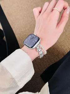 Bracelet de montre double rangee perles et perles metal compatible apple watch elegante