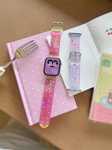 Silikon Armband fuer Apple Watch, niedliches Cartoon Design in Rosa und Blau, weich.
