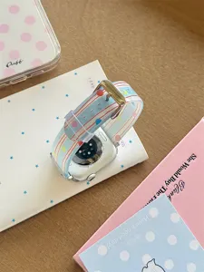 Colorful striped silicone watch strap detail, soft flexible replacement band for Apple Watch.