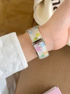 Colorful cartoon silicone watch strap for Apple Watch, transparent band with cute dots design.