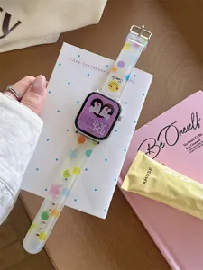 Transparent silicone watch strap featuring colorful polka dot graffiti and cute smiley face design.