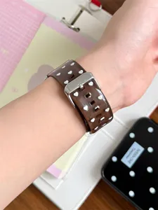 Detailed view of brown transparent TPU silicone watch strap with cute white heart pattern for smartwatch.